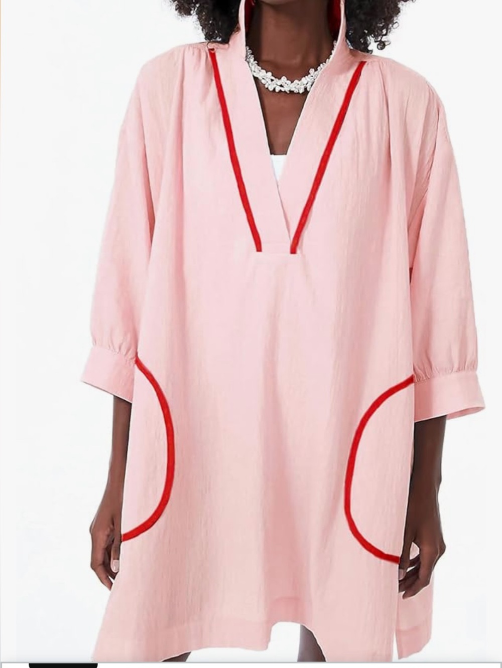🚘 🆕 Light Pink Swim Coverup Tunic with Red Trim v neck 3/4 sleeves shirt dress
